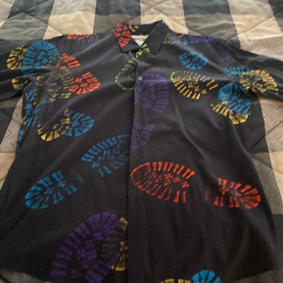 SuperCOOL Moschino long sleeve shirt. Black with multi color bootprint. 42-16.5 - Picture 3 of 4